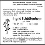 Traueranzeige Ingrid Schüttenhelm, geb. Volke