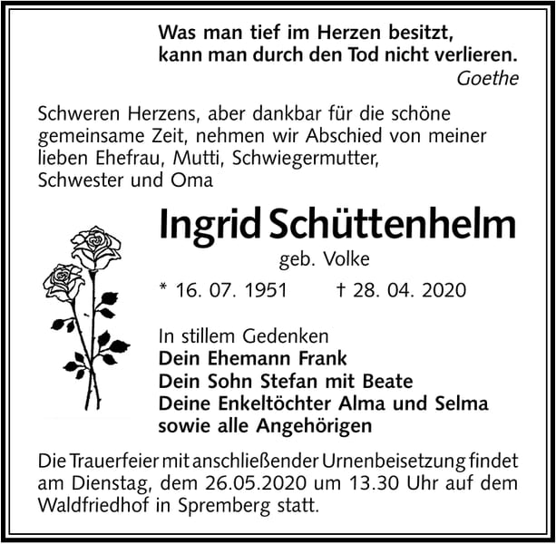 Traueranzeige Ingrid Schüttenhelm, geb. Volke