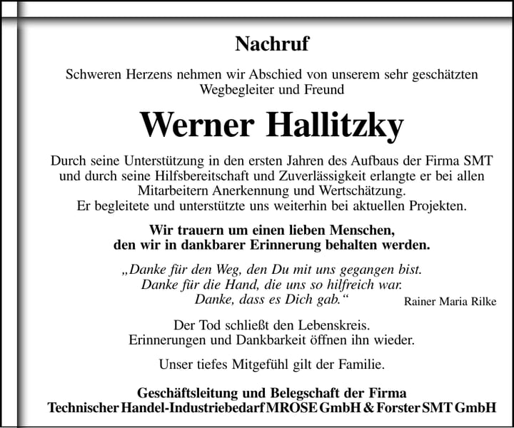 Nachruf Werner Hallitzky