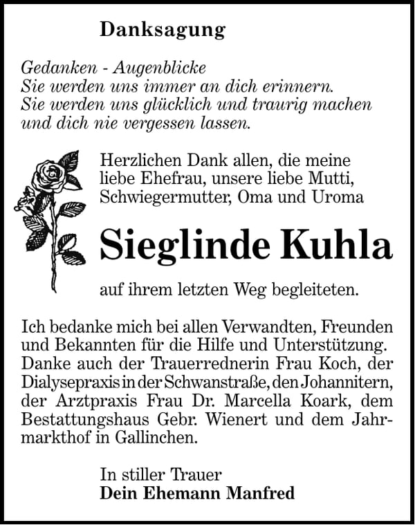 Danksagung Sieglinde Kuhla
