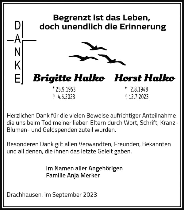 Traueranzeige Brigitte Halko und Horst Halko