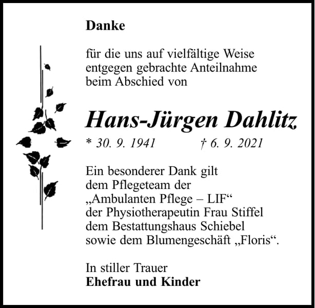 Danksagung Hans-Jürgen Dahlitz