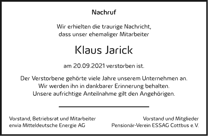 Nachruf Klaus Jarick