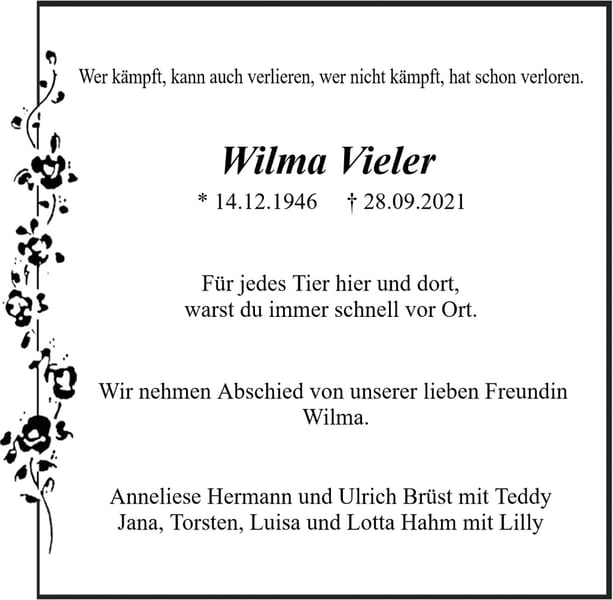 Traueranzeige Wilma Vieler
