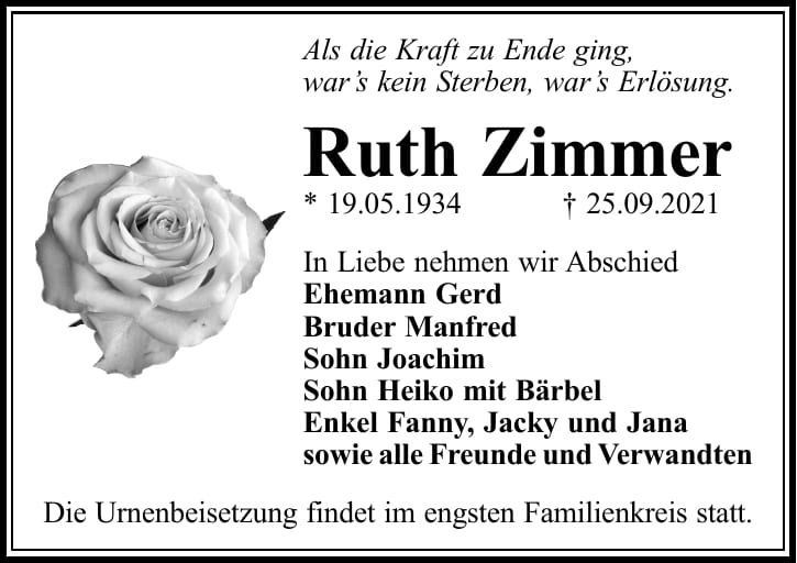 Traueranzeige Ruth Zimmer
