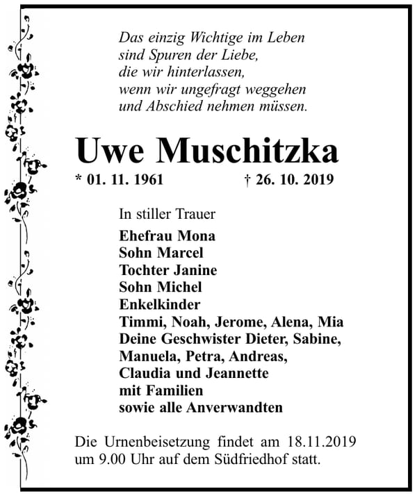 Traueranzeige Uwe Muschitzka