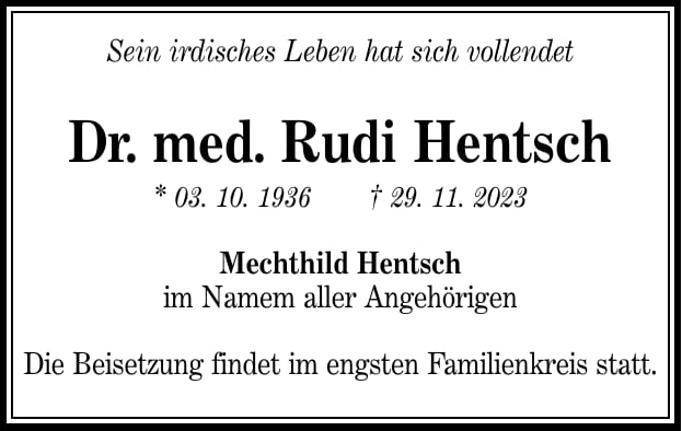 Traueranzeige Dr. med. Rudi Hentsch