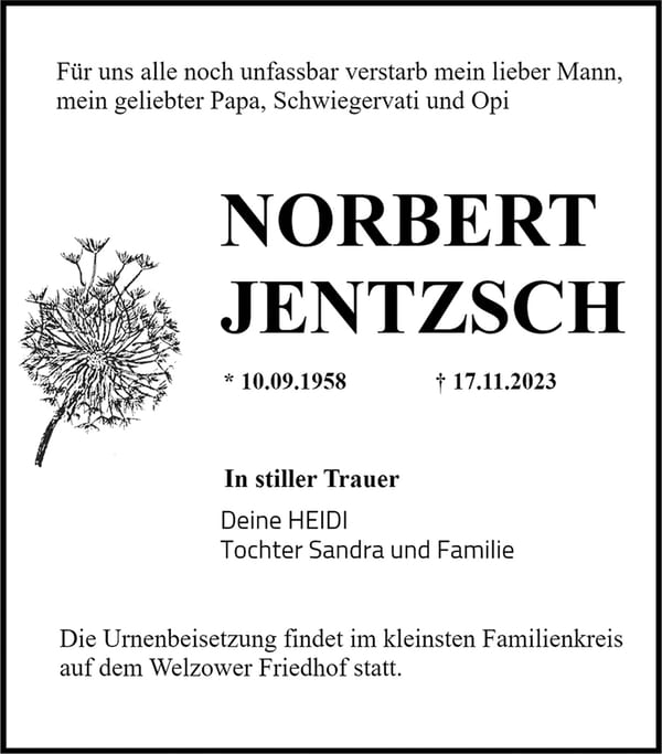 Traueranzeige Norbert Jentzsch