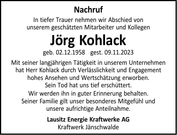Nachruf Jörg Kohlack