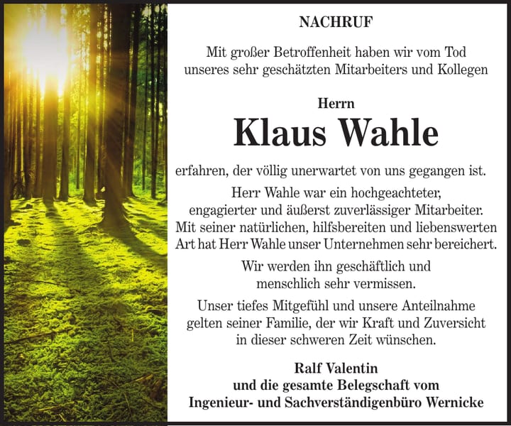 Nachruf Klaus Wahle