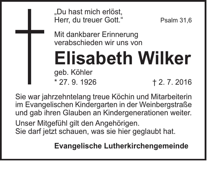 Nachruf Elisabeth Wilker, geb. Köhler