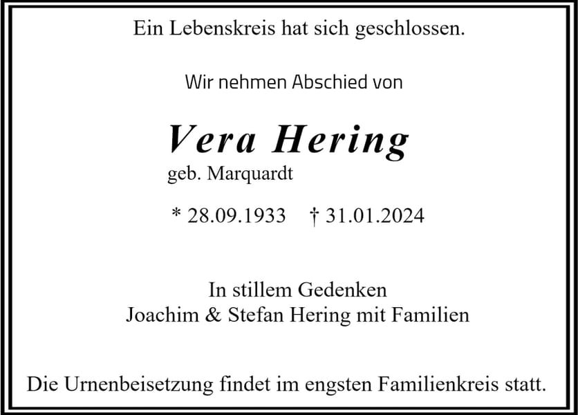 Traueranzeige Vera Hering, geb. Marquardt