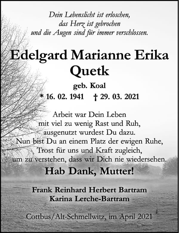 Traueranzeige Edelgard Marianne Erika Quetk, geb. Koal