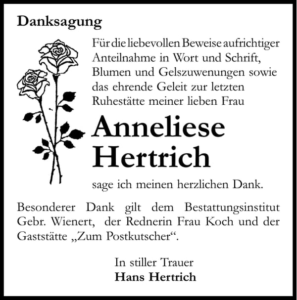 Danksagung Anneliese Hertrich