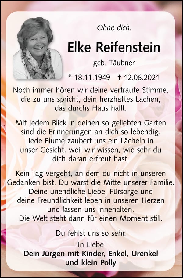 Jahresgedenken Elke Reifenstein, geb. Täubner