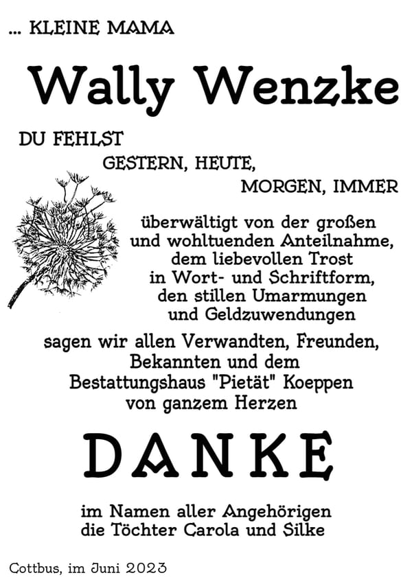 Traueranzeige Wally Wenzke