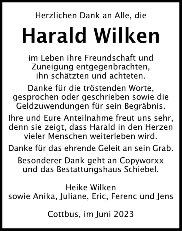 Danksagung Harald Wilken