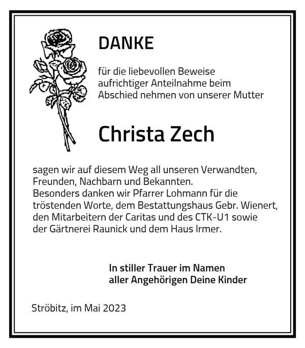 Traueranzeige Christa Zech
