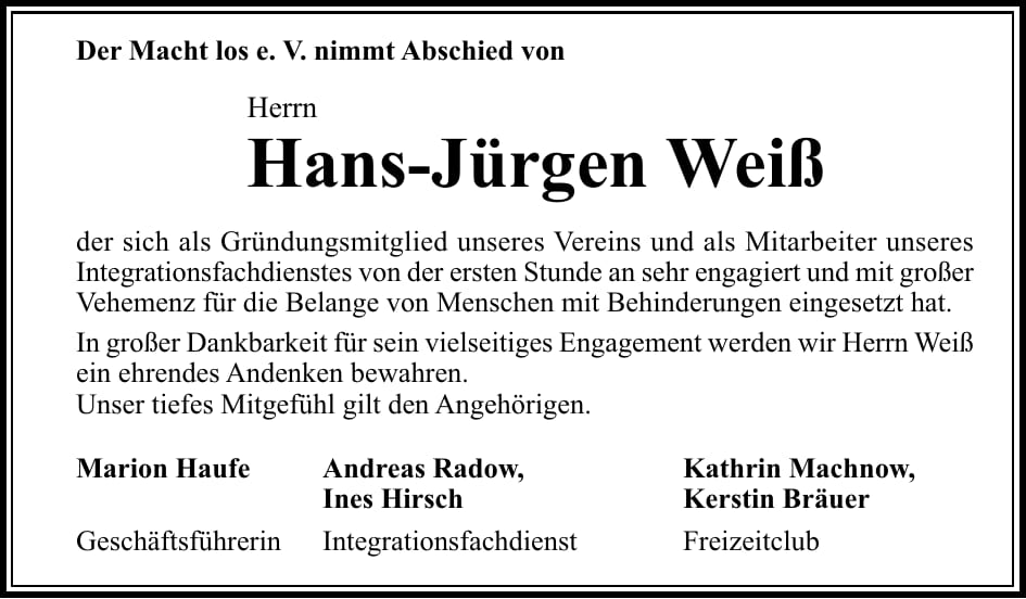 Nachruf Hans-Jürgen Weiß