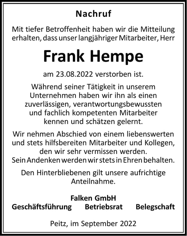 Nachruf Frank Hempe