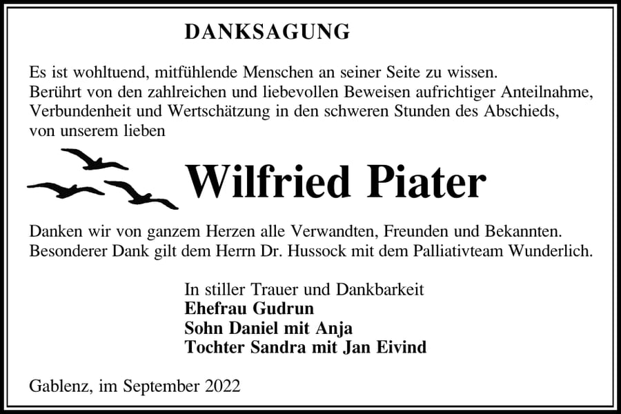 Danksagung Wilfried Piater