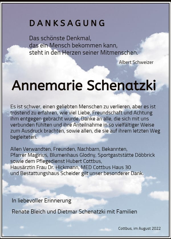 Danksagung Annemarie Schenatzki