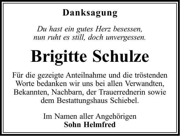 Danksagung Brigitte Schulze