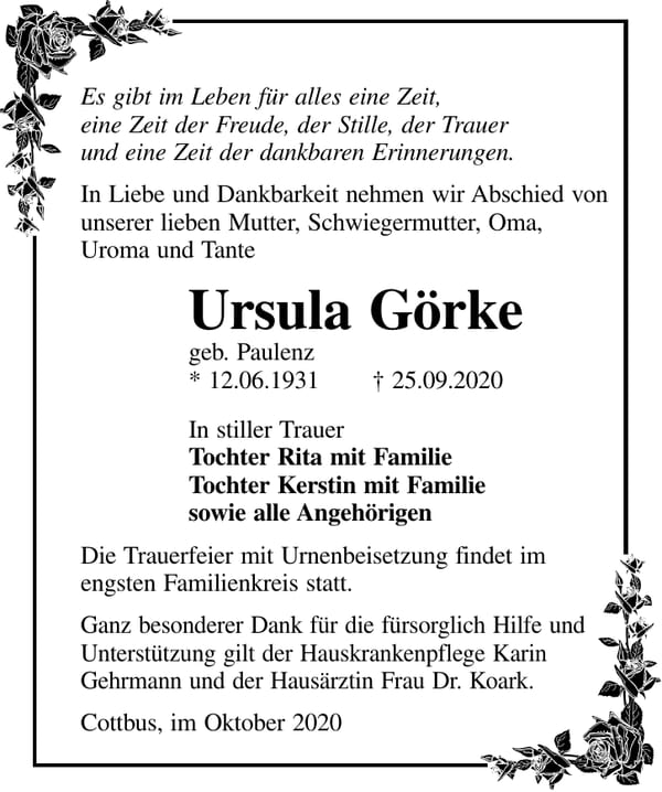 Traueranzeige Ursula Görke, geb. Paulenz