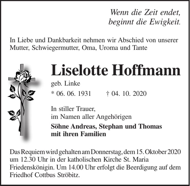 Traueranzeige Liselotte Hoffmann, geb. Linke