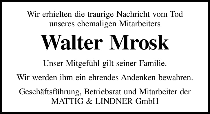 Nachruf Walter Mrosk