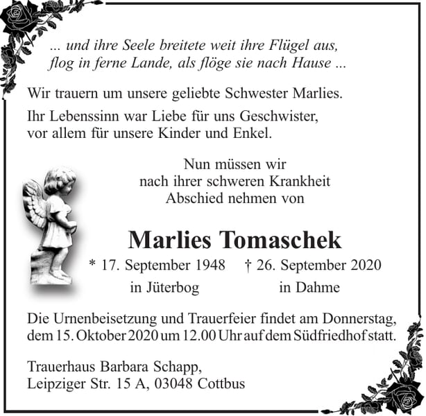 Traueranzeige Marlies Tomaschek