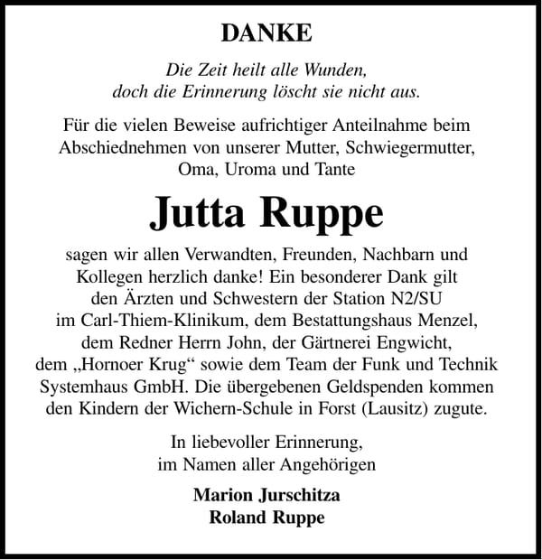 Danksagung Jutta Ruppe