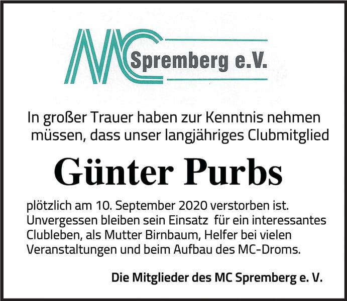 Traueranzeige Günter Purbs