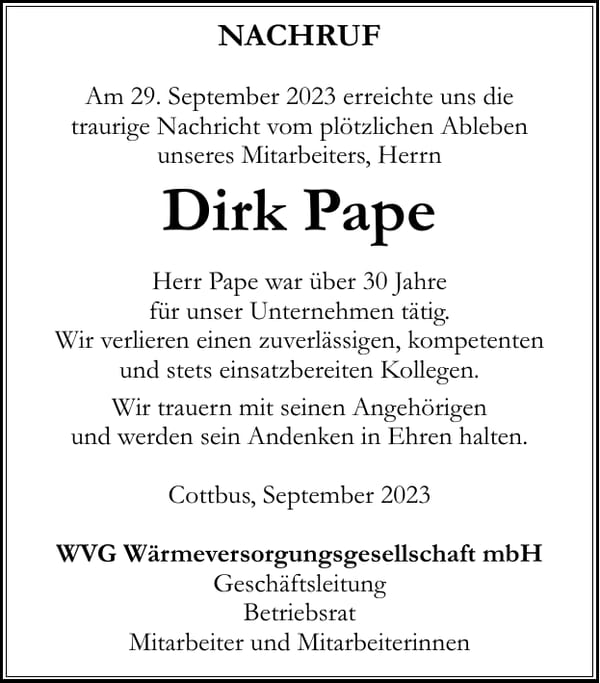 Nachruf Dirk Pape