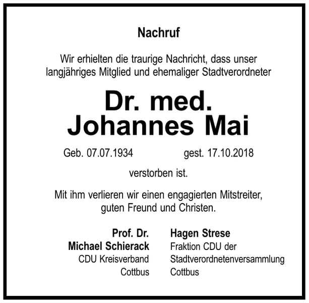 Nachruf Johannes Mai