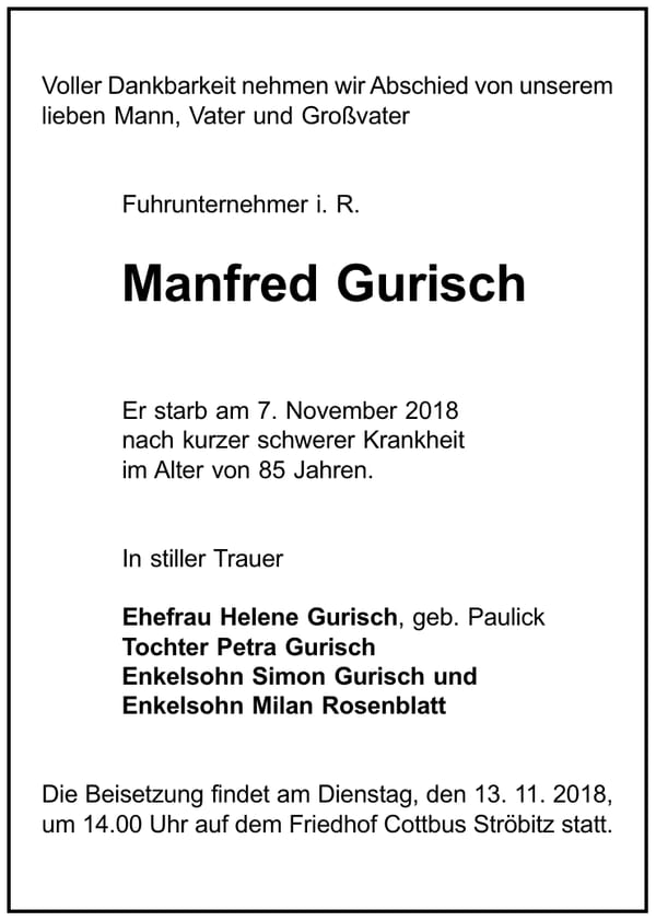 Traueranzeige Manfred Gurisch, geb. Paulick