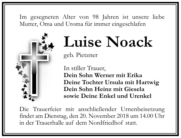 Traueranzeige Luise Noack geb. Pietzner