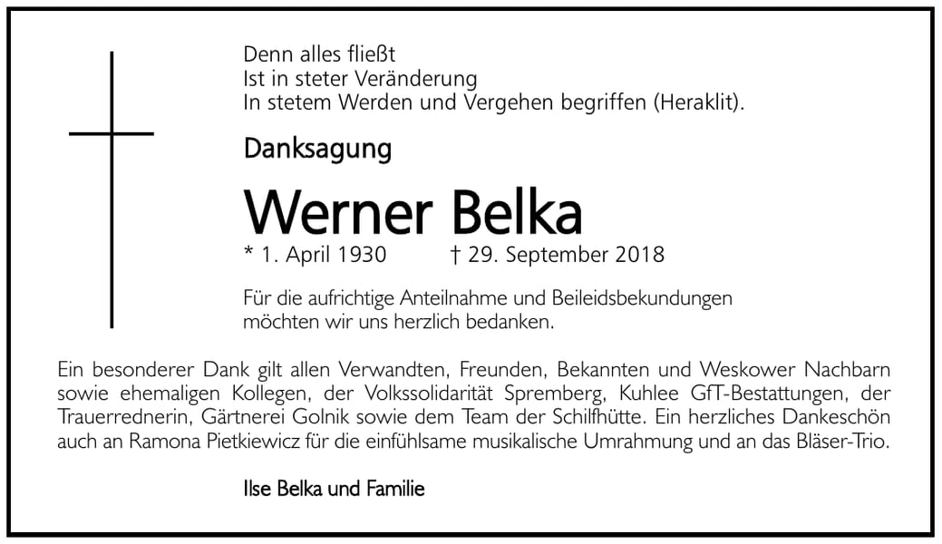Danksagung Werner Belka