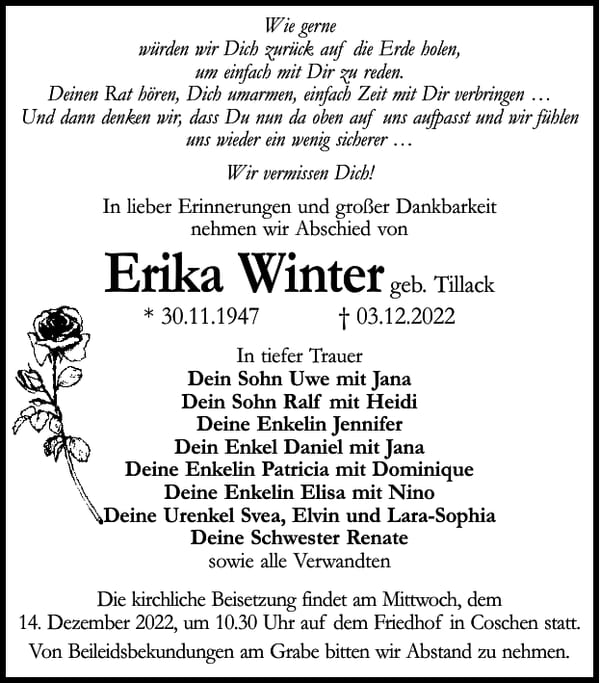 Traueranzeige Erika Winter, geb. Tillack