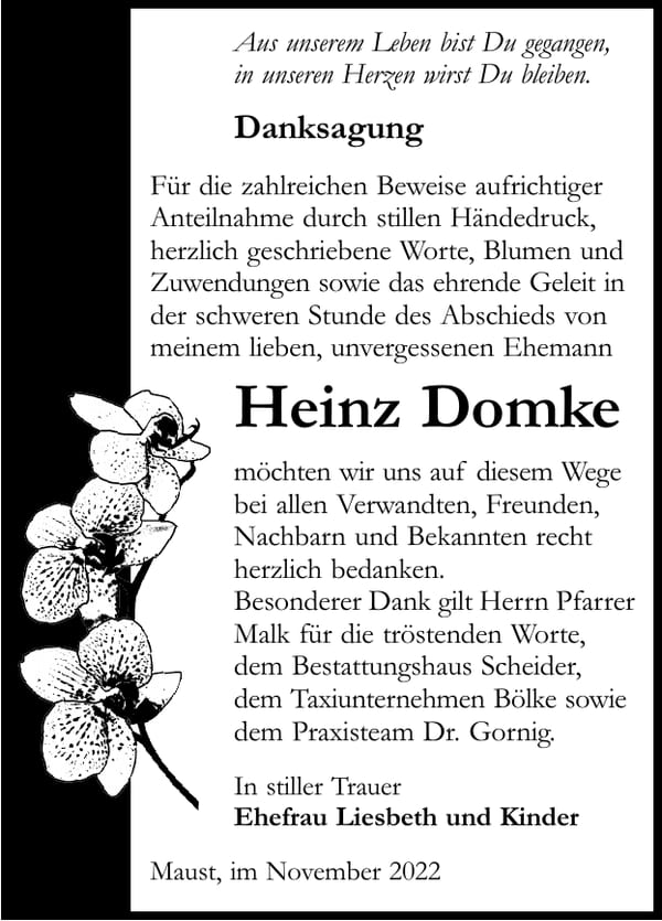 Danksagung Heinz Domke