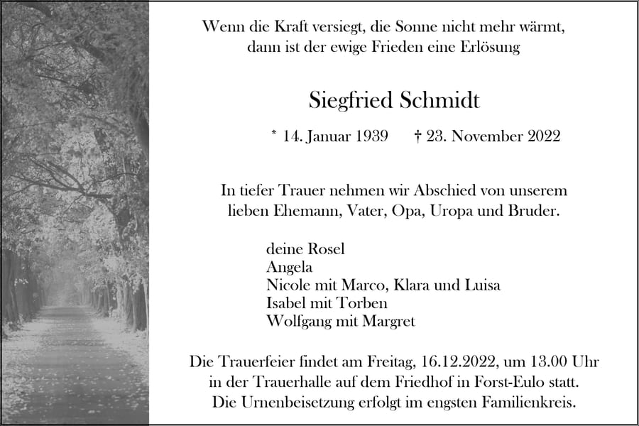 Traueranzeige Siegfried Schmidt