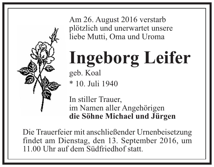 Traueranzeige Ingeborg Leifer, geb. Koal