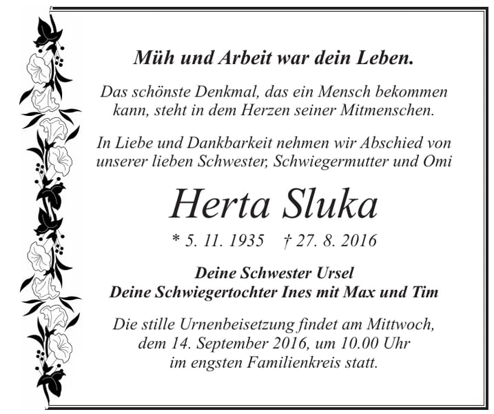 Traueranzeige Herta Sluka