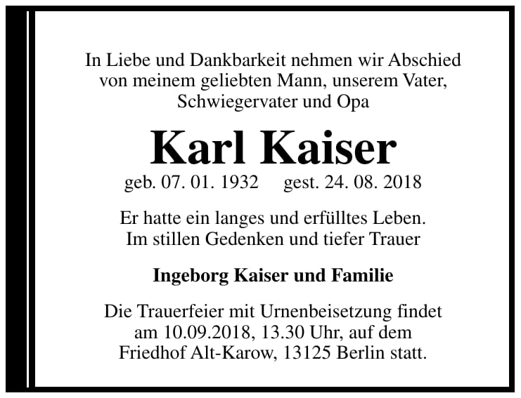Traueranzeige Karl Kaiser