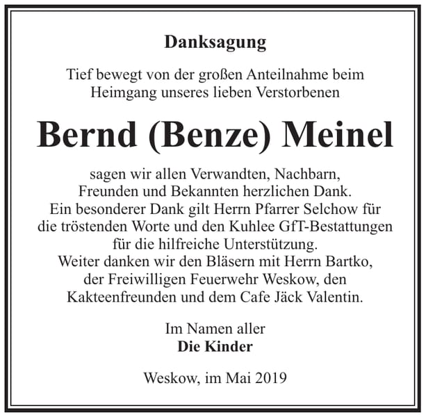 Traueranzeige Bernd (Benze) Meinel