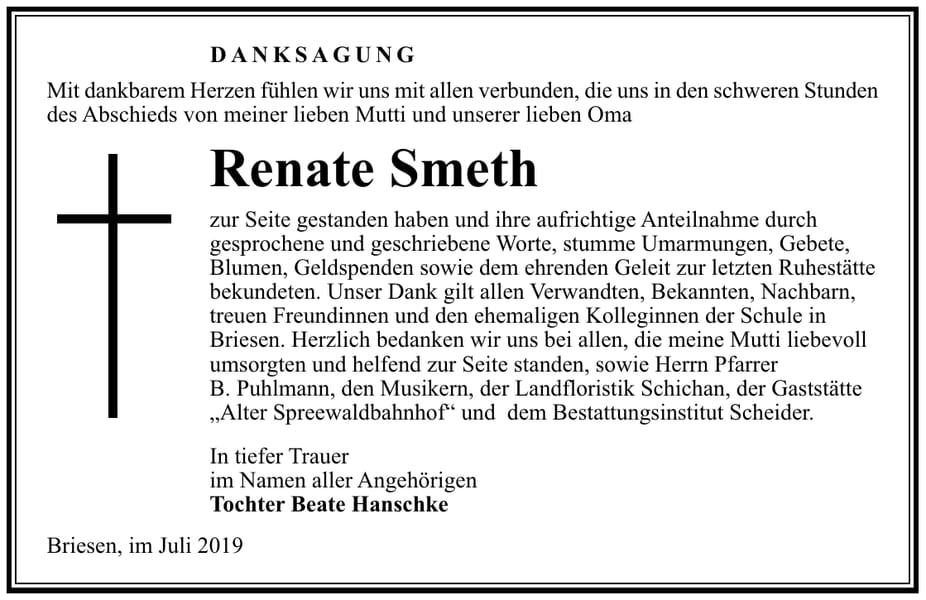 Traueranzeige Renate Smeth