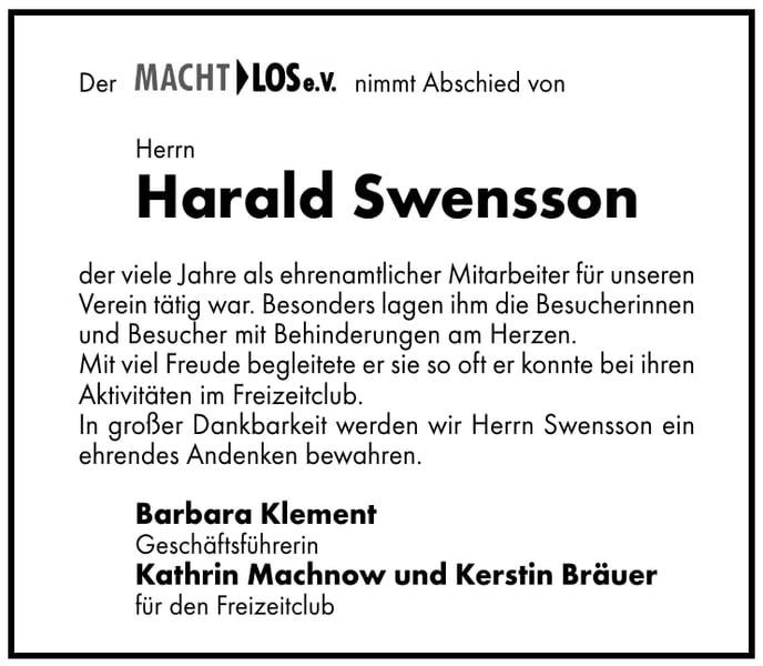 Traueranzeige Harald Swensson