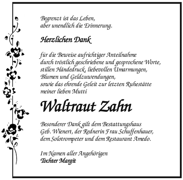 Danksagung Waltraut Zahn