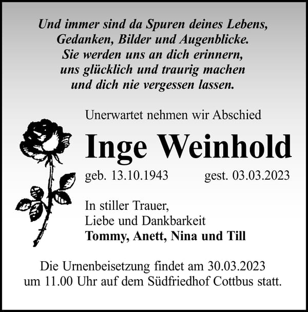 Traueranzeige Inge Weinhold