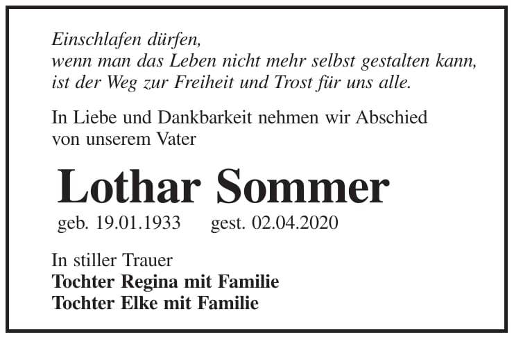 Traueranzeige Lothar Sommer